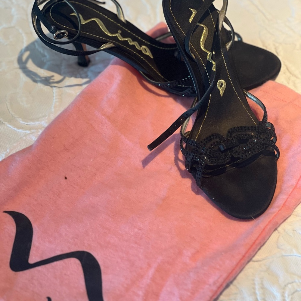 Nina Black Strappy Heels with Embellishments